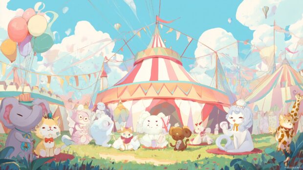 Anime Cute Wallpaper Designs, A playful circus with adorable animals performing tricks and bright circus tents.