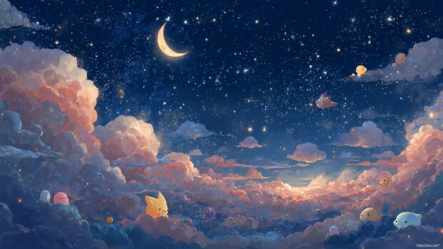 Anime Cute Wallpaper Designs, An enchanting night sky filled with sparkling stars and kawaii creatures floating on clouds.