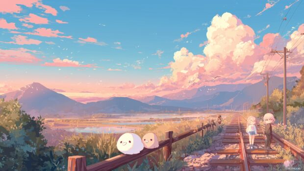 Anime Kawaii Wallpapers, Delightful pastel landscapes featuring adorable anime characters with oversized eyes and playful expressions.