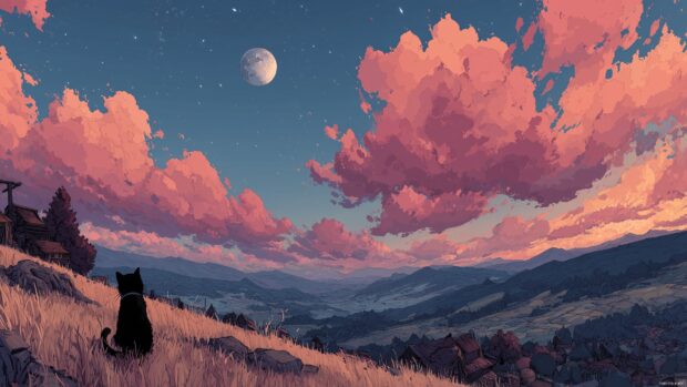 Anime cat art desktop showcasing a dreamy landscape with whimsical elements.