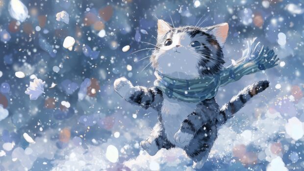 Anime cat background, A magical winter wonderland with a cat wearing a scarf, playing in the snow with snowflakes gently falling.