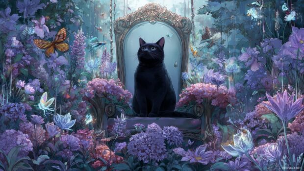 Anime cat background, A regal cat sitting atop a throne made of flowers, surrounded by a magical garden filled with fairies.