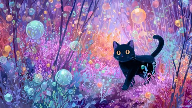 Anime cat background, A whimsical scene featuring a playful cat in an enchanted forest with vibrant colors and magical elements.