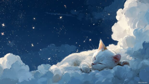Anime cat desktop art, A charming cat lounging on a fluffy cloud, with twinkling stars and a serene night sky in the background.