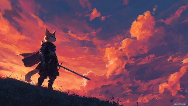 Anime cat desktop art, A heroic cat dressed as a knight, standing bravely on a hilltop with a colorful sunset behind it.