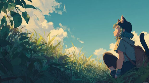 Anime cat desktop backgrounds with detailed Catgirl characters enjoying nature.