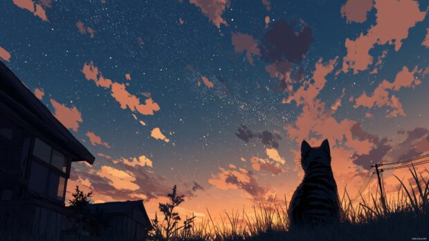 Anime cat wallpaper for PC featuring starry night skies and playful kittens.