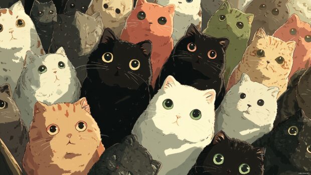 Anime cat wallpaper for PC illustrating a cute gathering of anime cats.