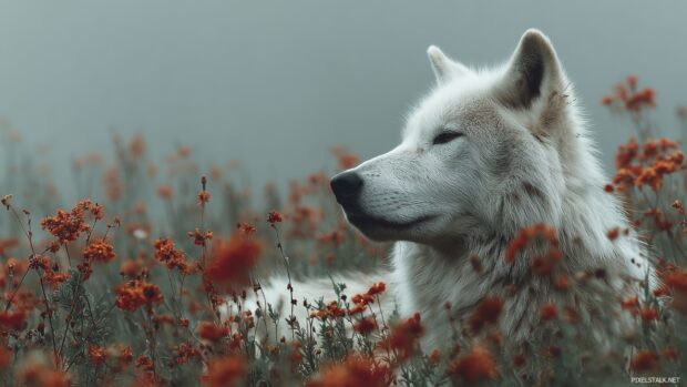 Artistic combination of the best wolf desktop wallpapers featuring a mystical wolf among a field of flowers.