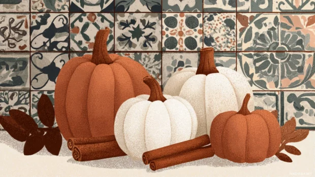 Artistic composition of pumpkins and cinnamon sticks set in a cozy tiled design.
