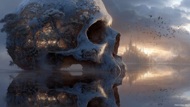 Artistic skull wallpapers hd free reflecting a fantasy world filled with mythical creatures.