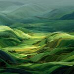 Artistic representation of rolling hills in vivid green wallpape