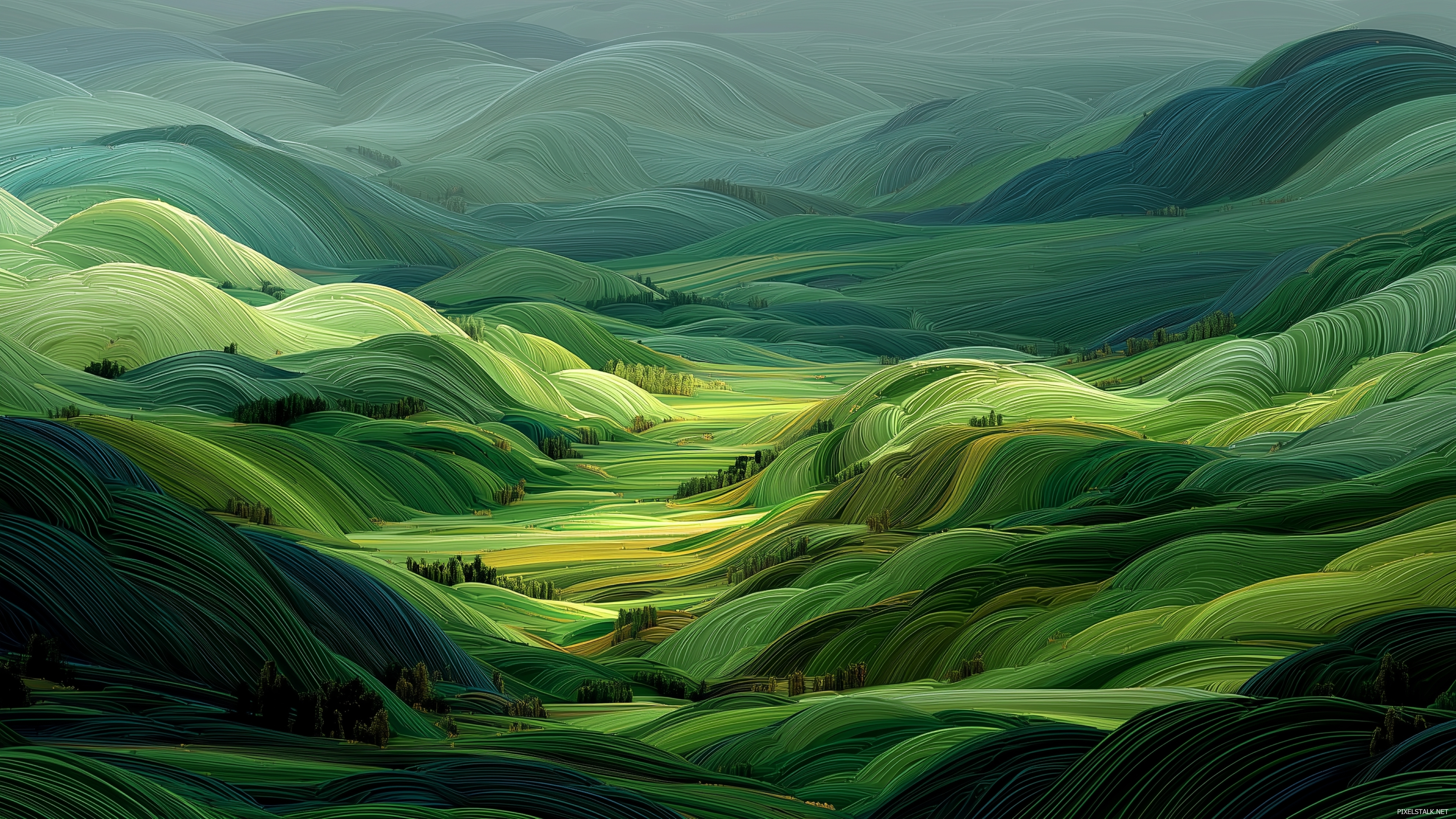 Artistic representation of rolling hills in vivid green wallpape.