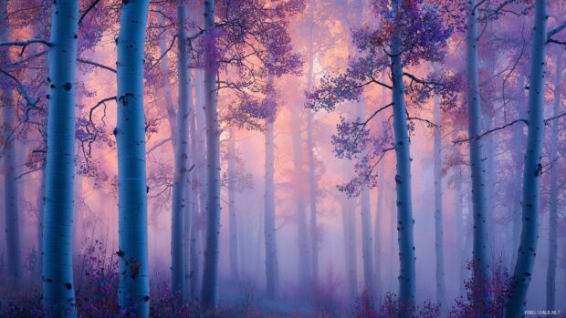 Aspen tree wallpapers hd, A mystical mist rising among aspen trees at dawn, creating an ethereal atmosphere.
