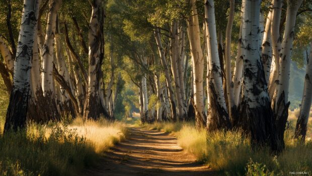 Aspen trees wallpaper for computers, A peaceful path lined with aspen trees, sunlight filtering through their branches.