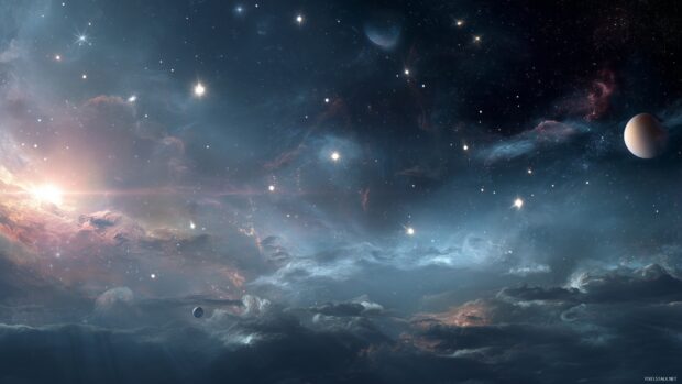 Astronomy backgrounds, A captivating view of multiple celestial phenomena including planets, stars, and interstellar clouds in clear space.