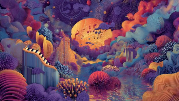 Audio Visual Backgrounds, A surreal landscape of musical elements merging with vibrant visual patterns, bringing a unique auditory aesthetic.