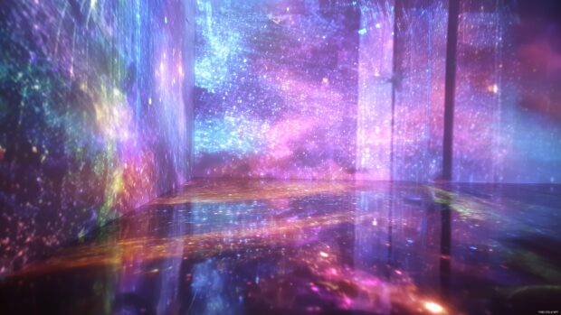 Audio Visual Backgrounds, An artistic fusion of light and sound harmonizing in a cosmic space, creating an immersive visual experience.