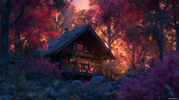 Autumn 3D wallpaper depicting a cozy cabin nestled among vibrant 3D foliage under warm sunset light.