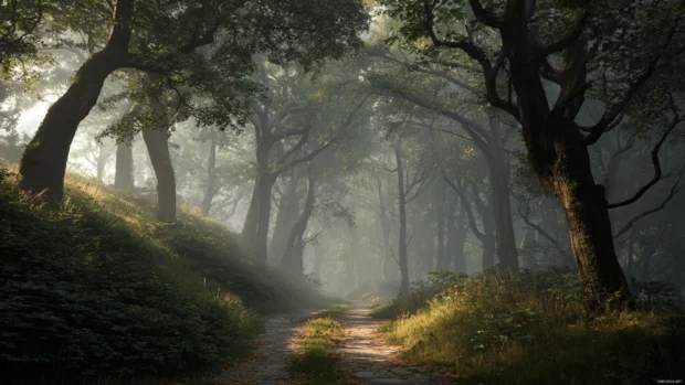 Autumn 3d wallpaper rendering of foggy forest path with layered 3D trees creating atmospheric depth.