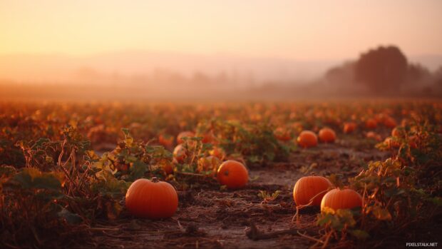 Autumn Pumpkin Wallpapers, A tranquil sunset view over a pumpkin field, with soft light illuminating the pumpkins and creating a serene atmosphere.