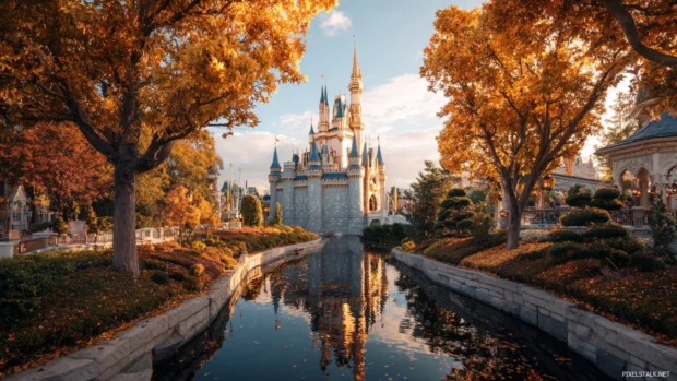 Autumn beauty surrounding Cinderellas castle with golden trees and soft light reflecting off the moat.