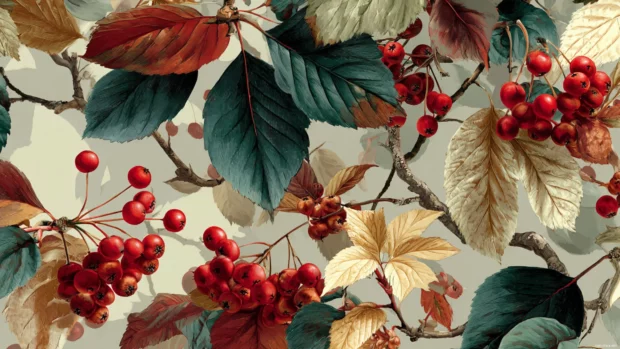 Autumn botanical wallpaper showcasing new botanical illustration of fall foliage intertwined with berries.