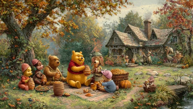 Autumn celebration with Winnie the Pooh and friends collecting honey pots and enjoying the seasonal colors.