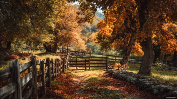 Autumn charm shining in a peaceful countryside garden filled with wooden fences, fallen leaves, and golden trees.