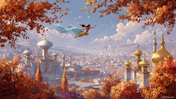 Autumn charm with Aladdin and Jasmine flying over a golden city surrounded by trees in full seasonal colors.