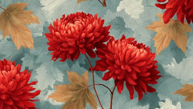Autumn chrysanthemum wallpaper designed with vibrant red blooms framed by fading maple foliage.