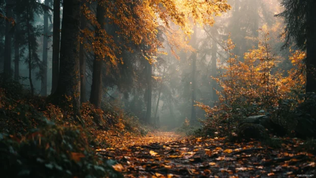 Autumn desktop background hd capturing misty forest morning with amber leaves carpeting the forest floor.