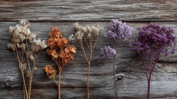Autumn floral background illustrating delicate dried bouquets lying on weathered wooden planks.