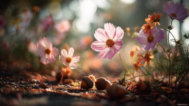 Autumn flowers HD background merging soft sunlit cosmos blooms and scattered acorns on forest floor.