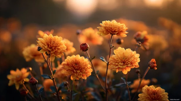Autumn flowers wallpaper capturing a field of amber chrysanthemums under golden sunset light.