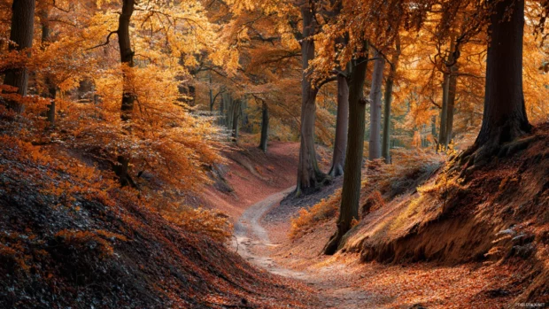 Autumn forest laptop wallpaper illustrating a winding path through golden beech and oak trees in autumn light.