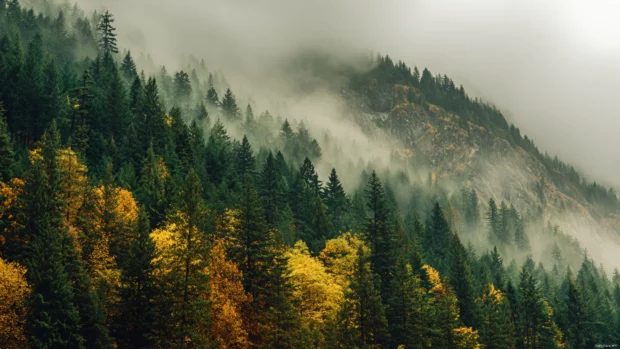 Autumn forest mountain wallpaper featuring dense pine and maple forest blanketing mist‑shrouded slopes.