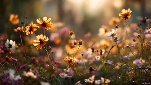Autumn garden filled with blooming wildflowers in soft golden sunlight, delicate petals scattered across the ground.