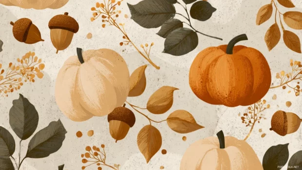 Autumn inspired tile wallpaper featuring pumpkins, acorns, and soft golden branches in harmony.
