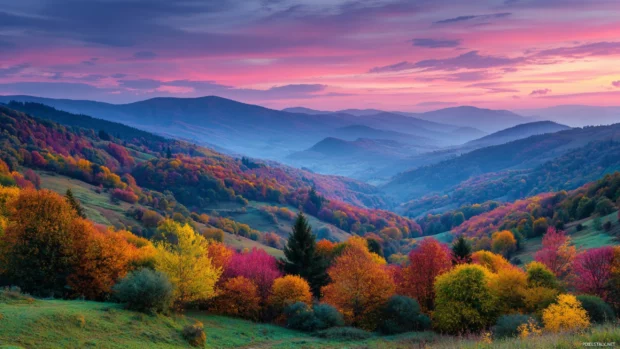Autumn landscape desktop wallpaper with rolling hills blanketed in vibrant fall colors under a pastel sky.
