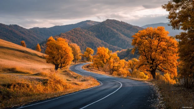 Autumn landscape with golden trees lining a peaceful winding road under a soft amber sky, cinematic atmosphere.