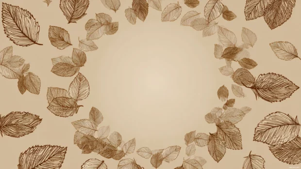 Autumn leaves background with stylized line art leaves rotating around central empty space on tan canvas.