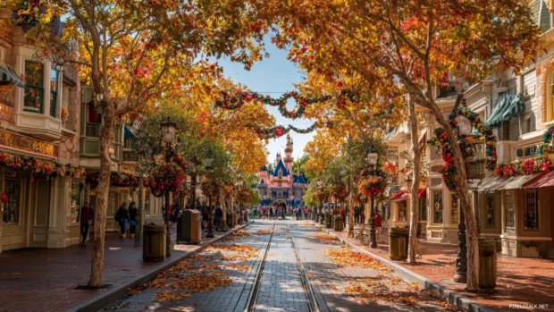 Autumn magic at Disneyland park with colorful trees lining the pathways and festive decorations everywhere.
