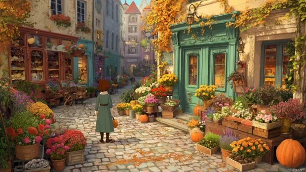 Autumn market scene with Belle choosing seasonal flowers and pumpkins along cozy cobblestone streets.