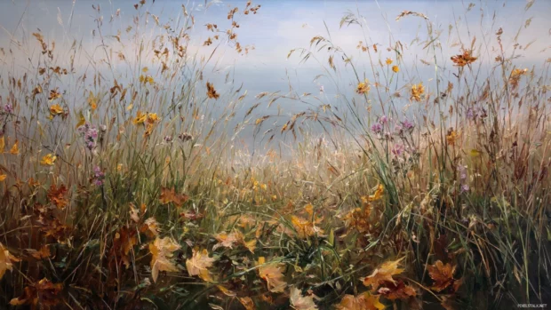 Autumn meadow with tall grasses and wildflowers swaying in the breeze, leaves gently covering the ground.