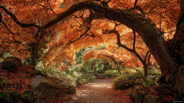 Autumn pathway framed by arching branches covered in warm orange and red leaves, sunlight filtering through.