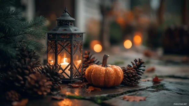 Autumn pumpkin wallpaper hd depicting warm lantern beside pumpkin and pinecones on stone patio.