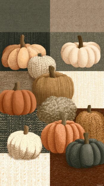 Autumn pumpkins arranged in a tiled composition with cozy knit textures and neutral hues.
