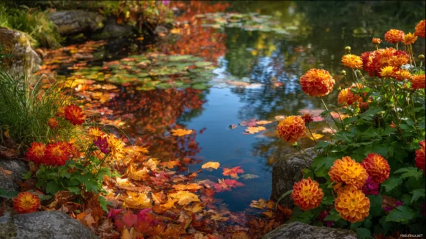 Autumn reflections in a calm pond surrounded by bright flowers and orange maple leaves scattered nearby.