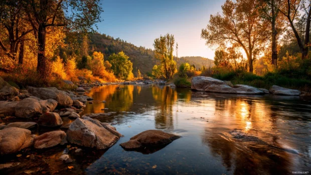 Autumn river wallpaper at sunset, glowing golden light on the surface, lined with colorful trees and peaceful shadows.